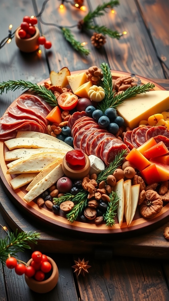 A festive charcuterie board with meats, cheeses, fruits, and nuts, perfect for a Christmas celebration for two.